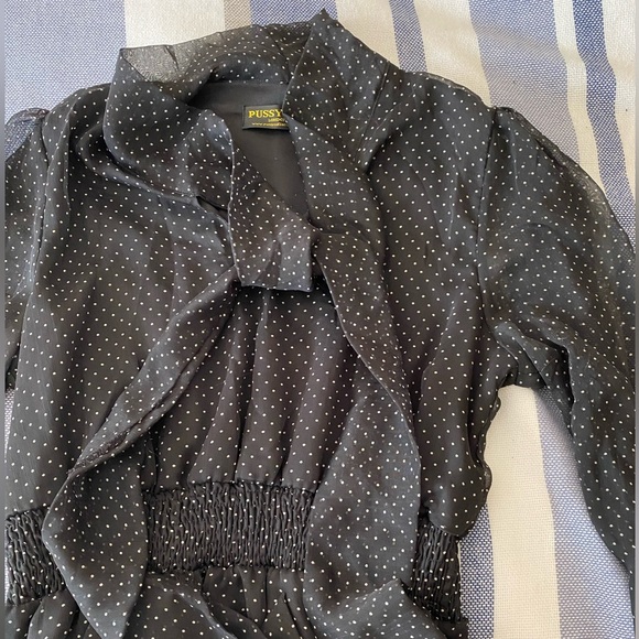 Black Polka Dot Dress with sheer sleeves and tie neck - Picture 2 of 3